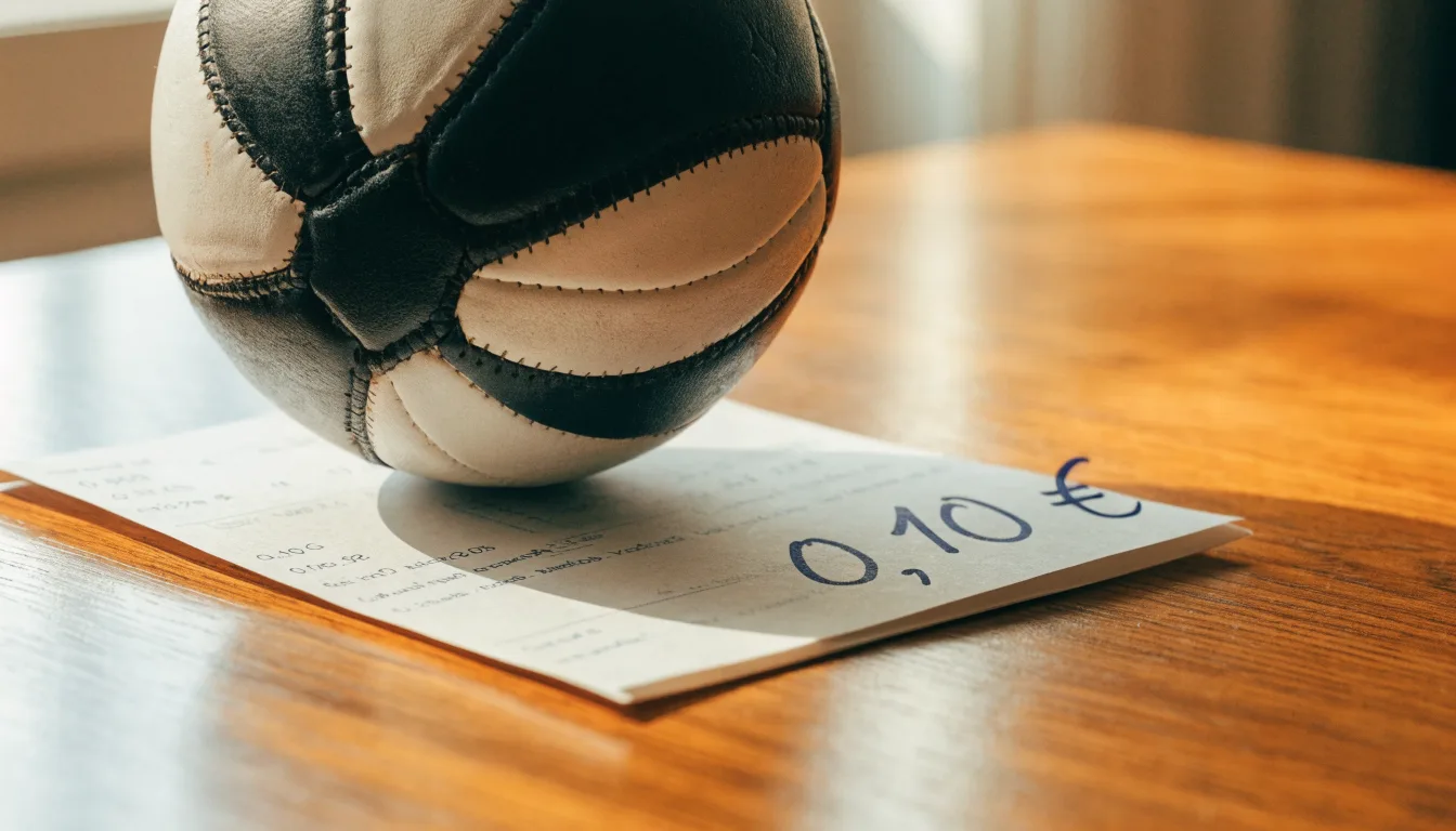 Uma bola de futebol pousada sobre um talão de apostas em branco numa mesa de madeira, à luz do dia