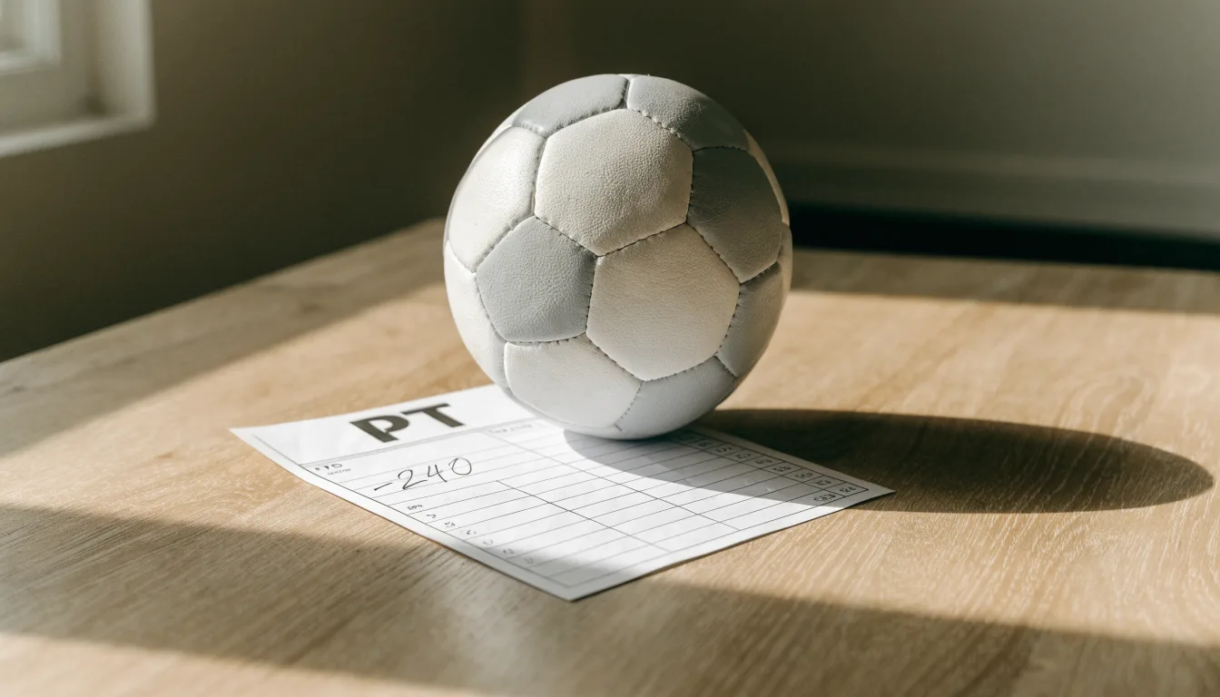 Uma bola de futebol pousada sobre um talão de apostas em branco numa mesa de madeira, à luz do dia