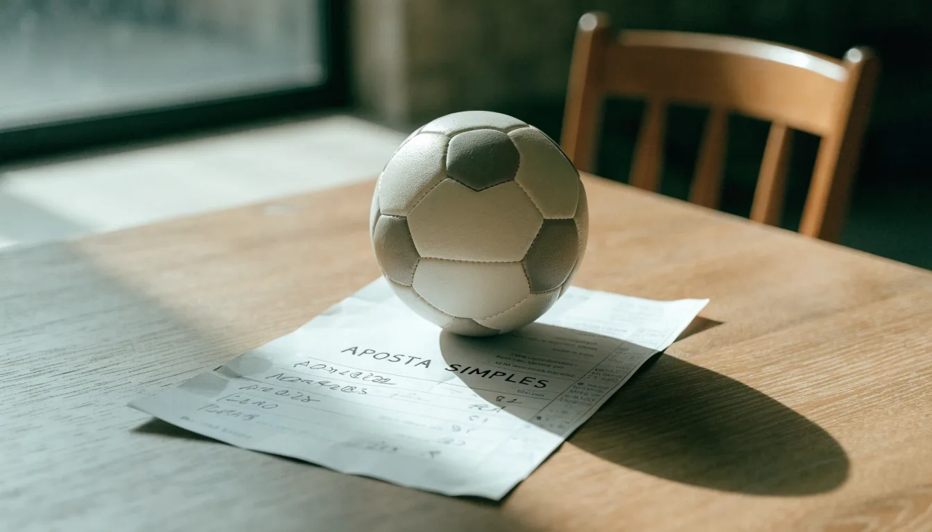 Uma bola de futebol pousada sobre um talão de apostas em branco numa mesa de madeira, à luz do dia