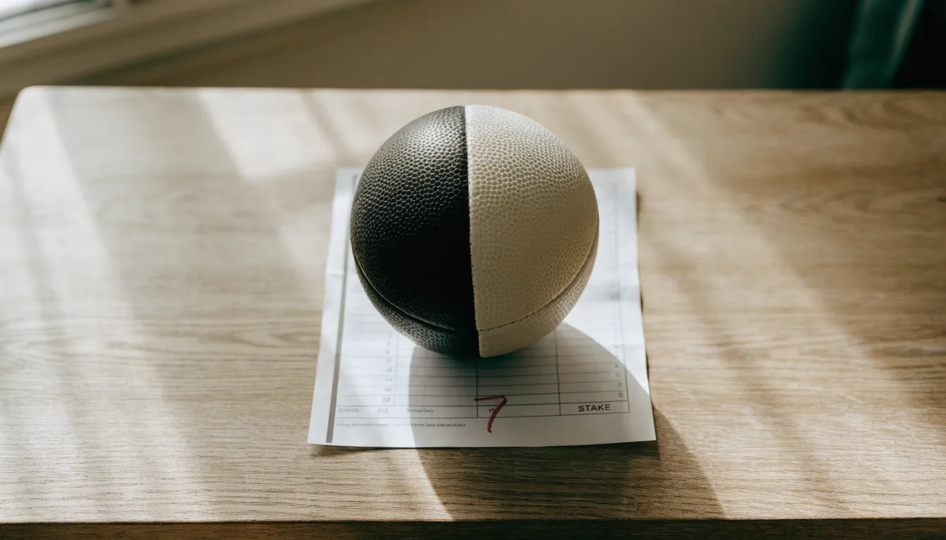 Uma bola de futebol pousada sobre um talão de apostas em branco numa mesa de madeira, à luz do dia