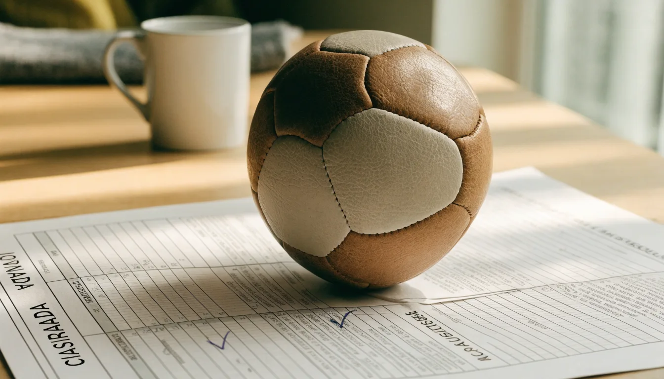 Uma bola de futebol pousada sobre um talão de apostas em branco numa mesa de madeira, à luz do dia