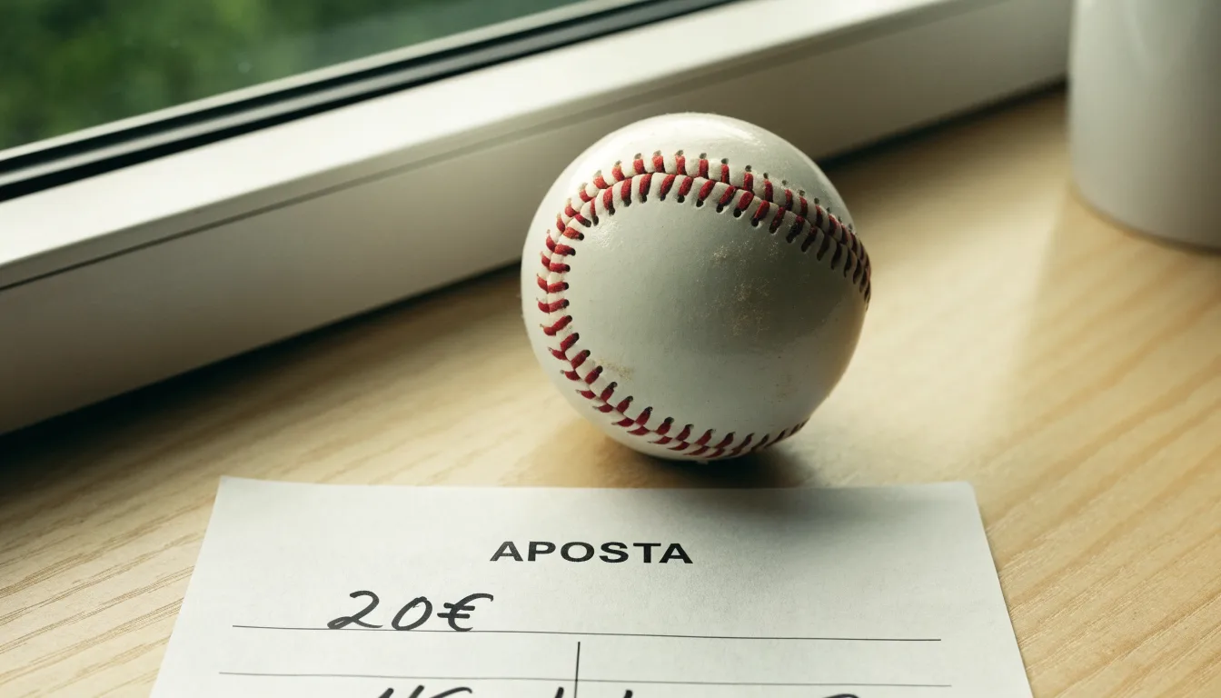Uma bola de futebol pousada sobre um talão de apostas em branco numa mesa de madeira, à luz do dia