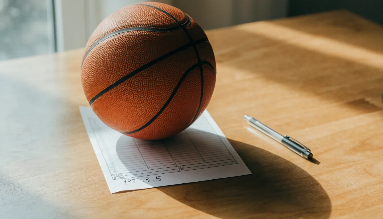 Uma bola de futebol pousada sobre um talão de apostas em branco numa mesa de madeira, à luz do dia
