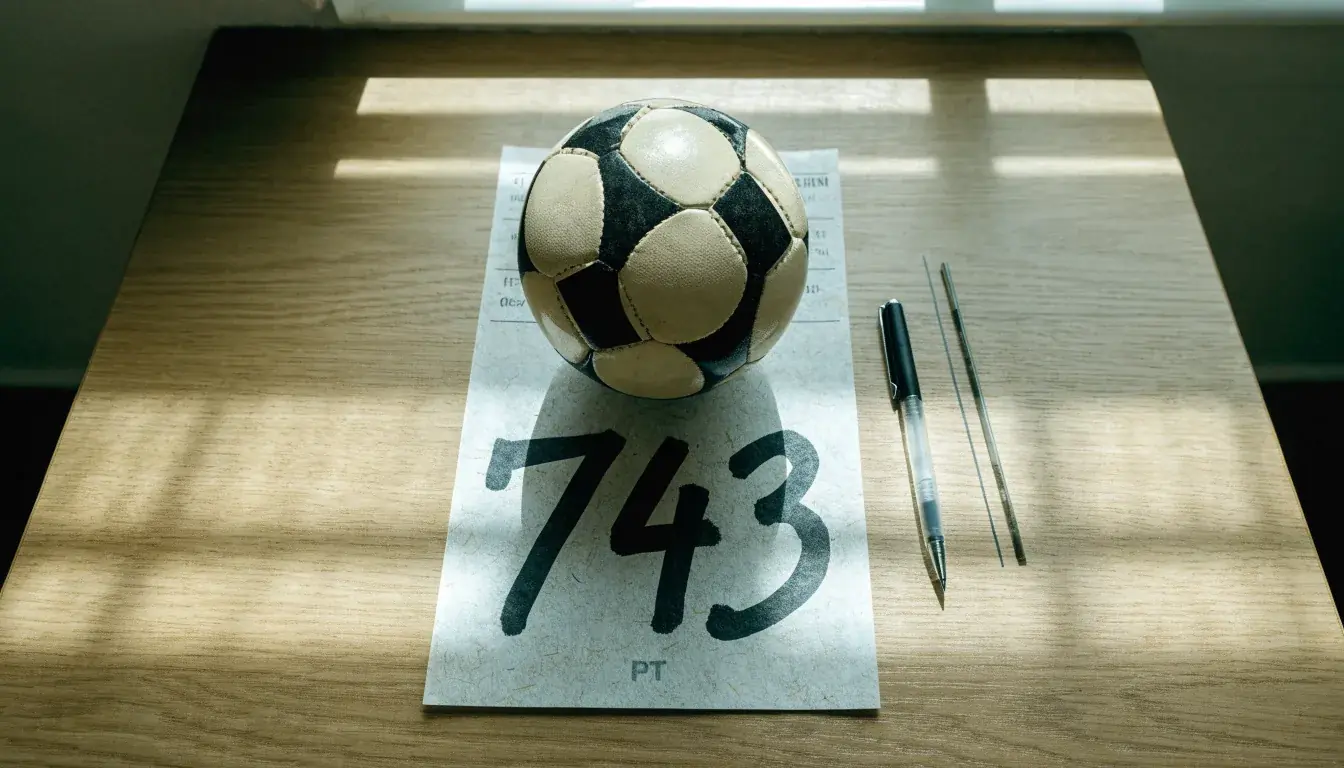 Uma bola de futebol pousada sobre um talão de apostas em branco numa mesa de madeira, à luz do dia
