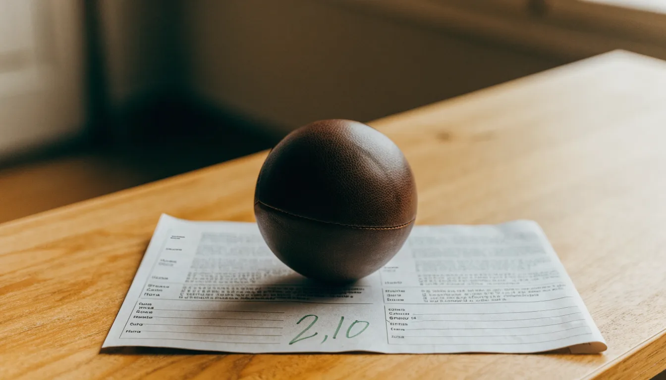 Uma bola de futebol pousada sobre um talão de apostas em branco numa mesa de madeira, à luz do dia