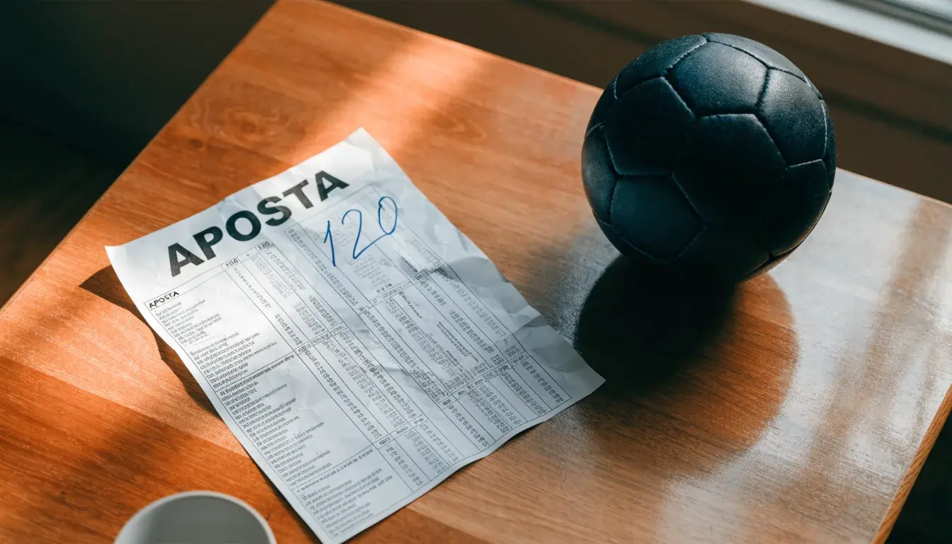 Uma bola de futebol pousada sobre um talão de apostas em branco numa mesa de madeira, à luz do dia