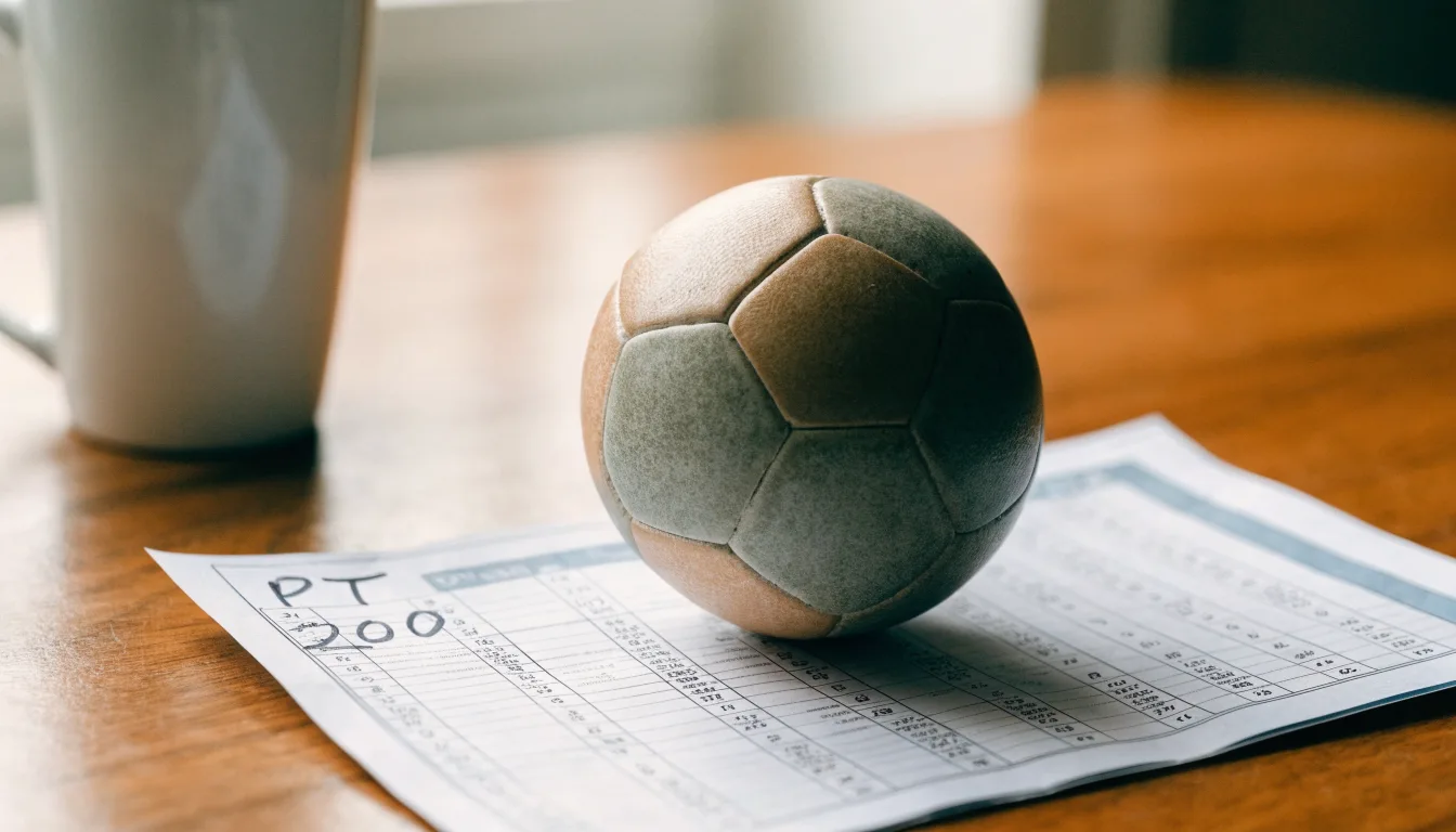 Uma bola de futebol pousada sobre um talão de apostas em branco numa mesa de madeira, à luz do dia