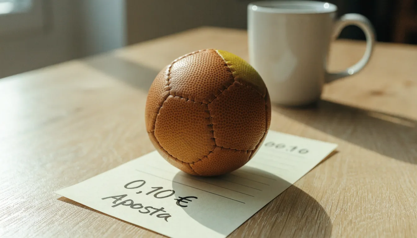 Uma bola de futebol pousada sobre um talão de apostas em branco numa mesa de madeira, à luz do dia