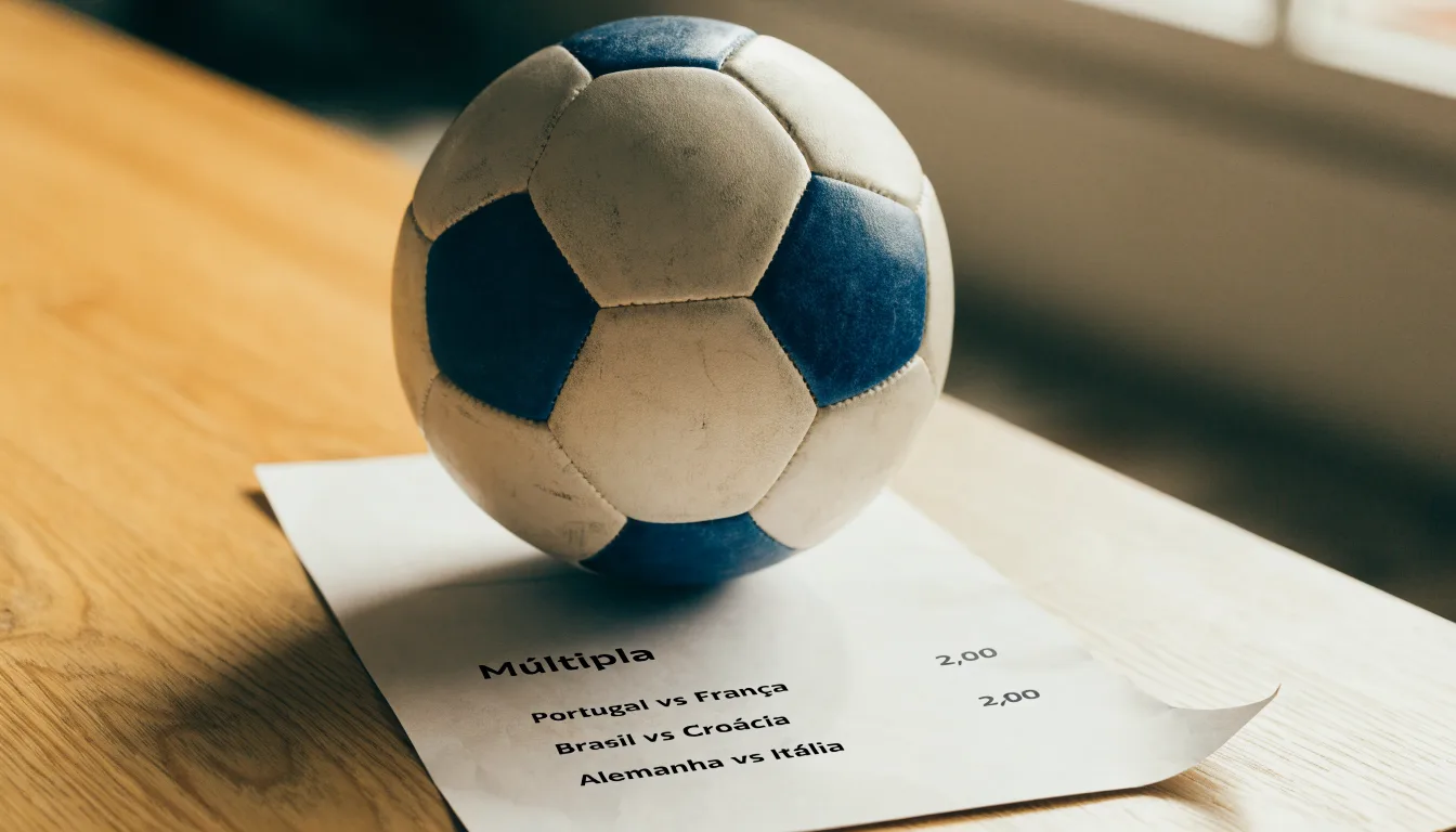 Uma bola de futebol pousada sobre um talão de apostas em branco numa mesa de madeira, à luz do dia