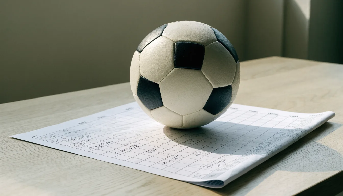 Uma bola de futebol pousada sobre um talão de apostas em branco numa mesa de madeira, à luz do dia