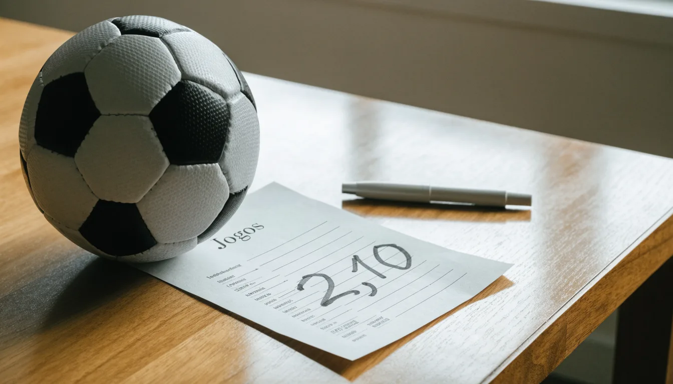 Uma bola de futebol pousada sobre um talão de apostas em branco numa mesa de madeira, à luz do dia