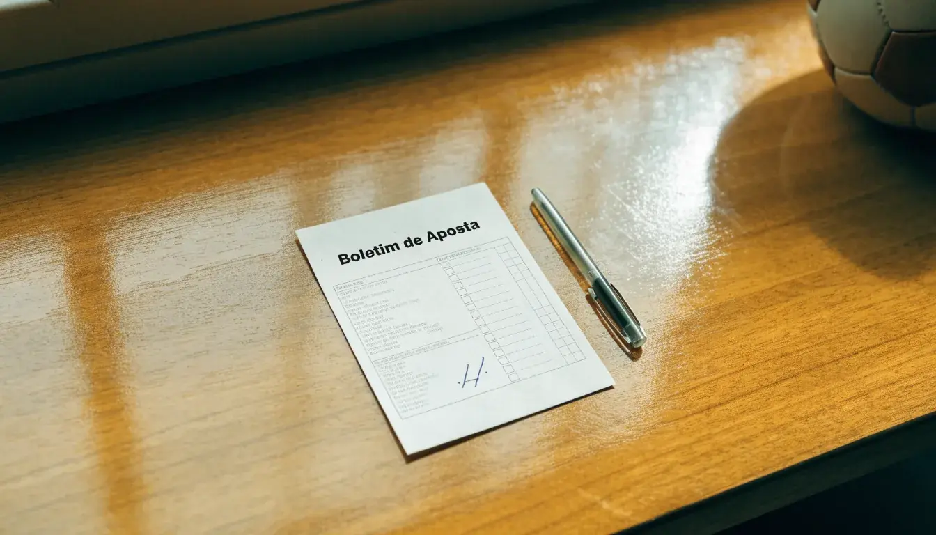 Uma bola de futebol pousada sobre um talão de apostas em branco numa mesa de madeira, à luz do dia