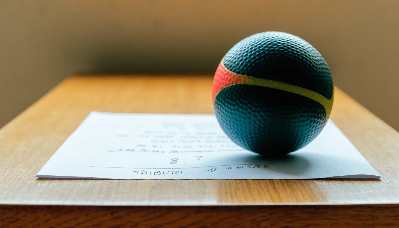 Uma bola de futebol pousada sobre um talão de apostas em branco numa mesa de madeira, à luz do dia