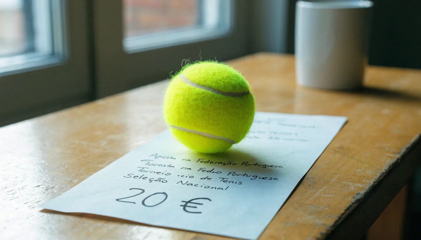 Uma bola de futebol pousada sobre um talão de apostas em branco numa mesa de madeira, à luz do dia