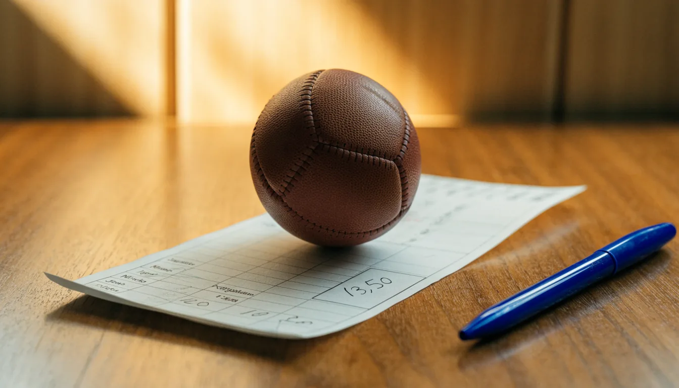 Uma bola de futebol pousada sobre um talão de apostas em branco numa mesa de madeira, à luz do dia