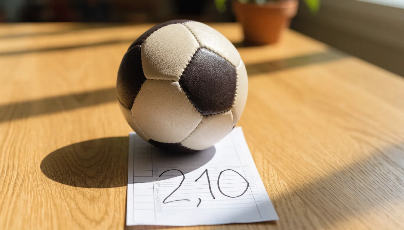 Uma bola de futebol pousada sobre um talão de apostas em branco numa mesa de madeira, à luz do dia