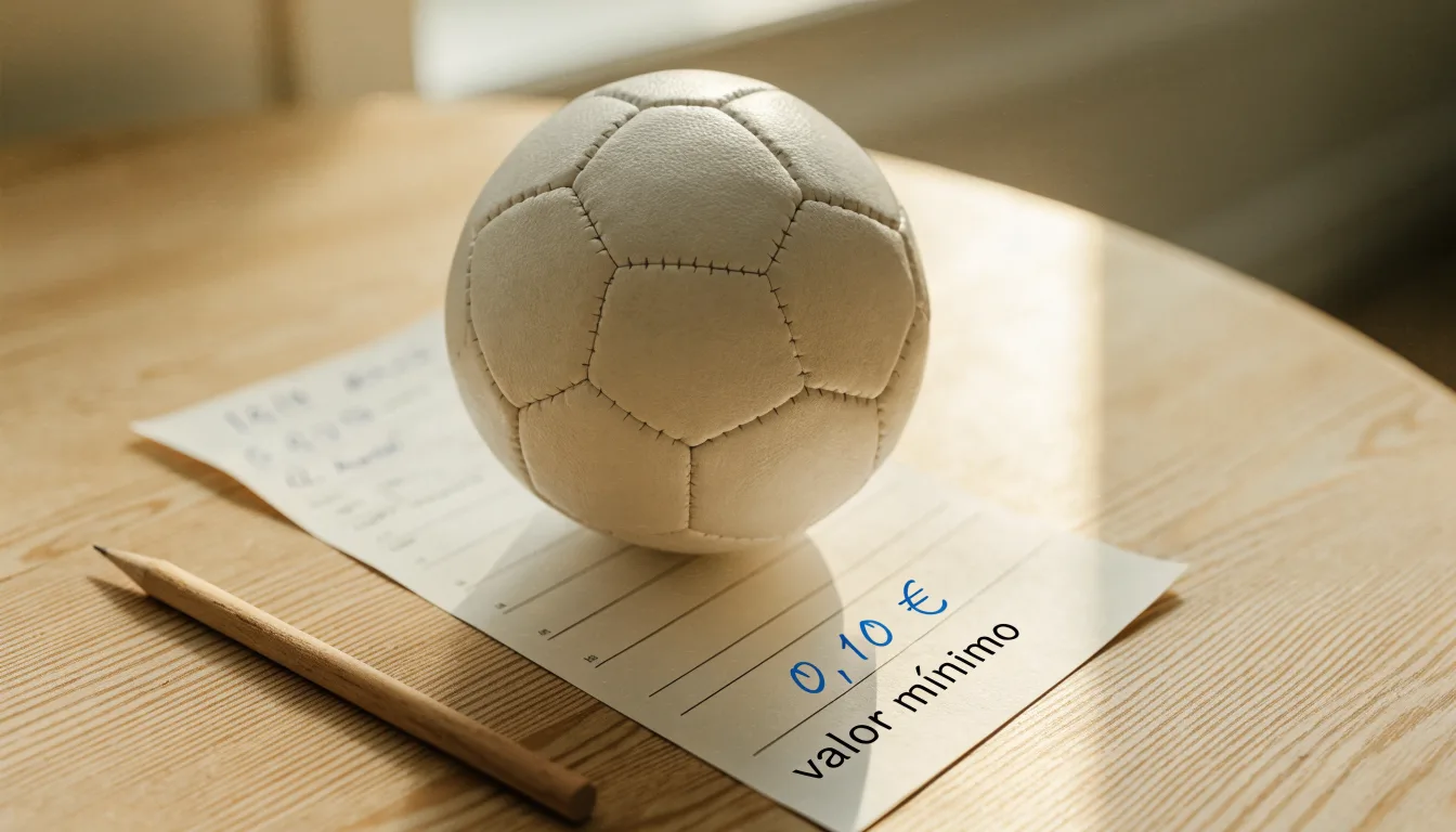 Uma bola de futebol pousada sobre um talão de apostas em branco numa mesa de madeira, à luz do dia