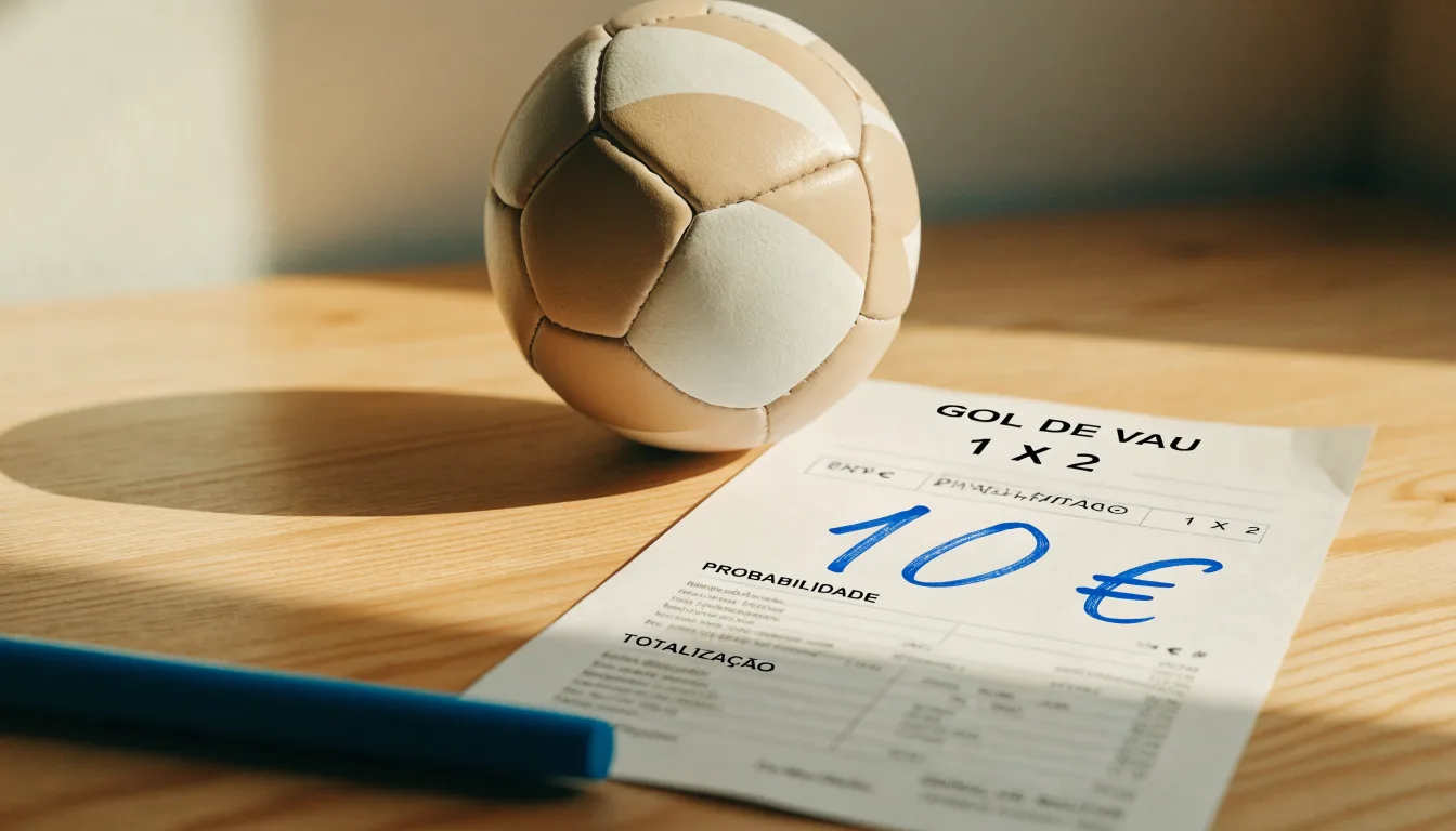 Uma bola de futebol pousada sobre um talão de apostas em branco numa mesa de madeira, à luz do dia