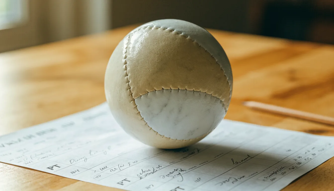 Uma bola de futebol pousada sobre um talão de apostas em branco numa mesa de madeira, à luz do dia