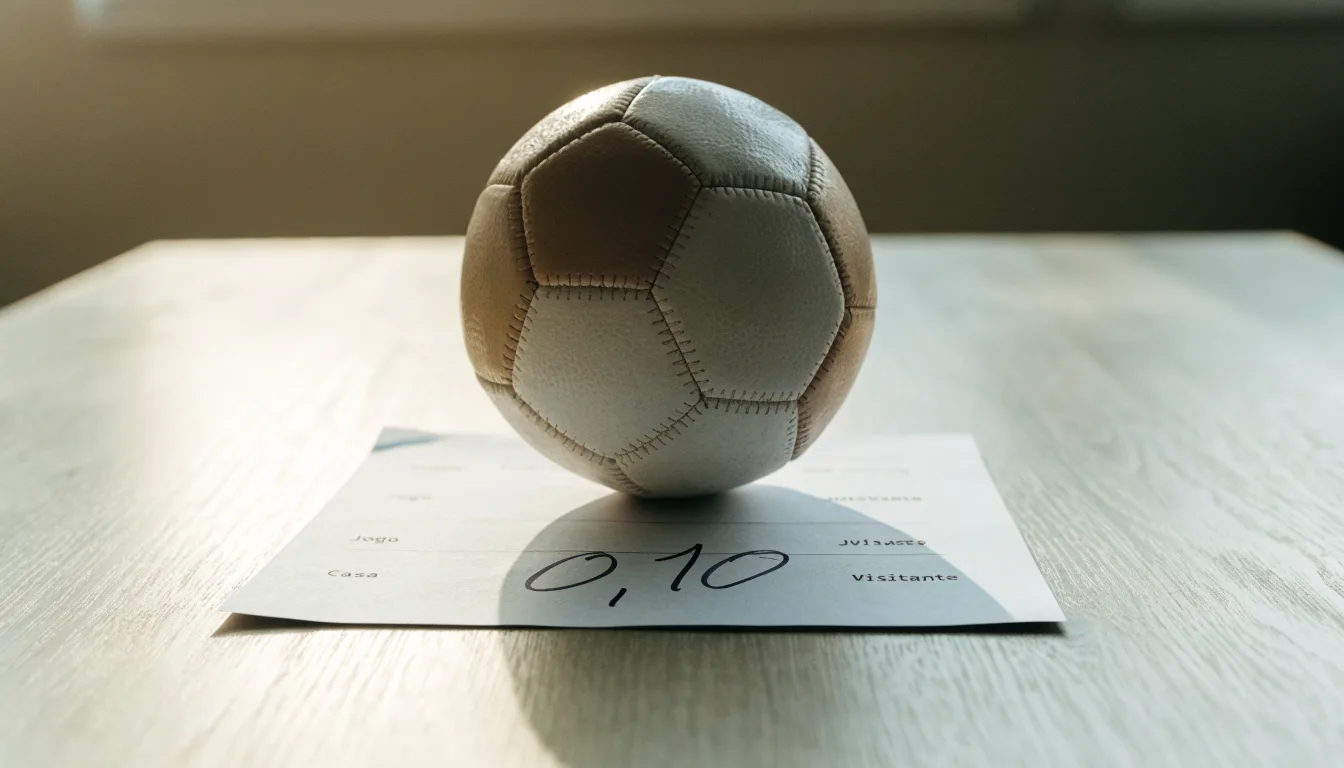 Uma bola de futebol pousada sobre um talão de apostas em branco numa mesa de madeira, à luz do dia
