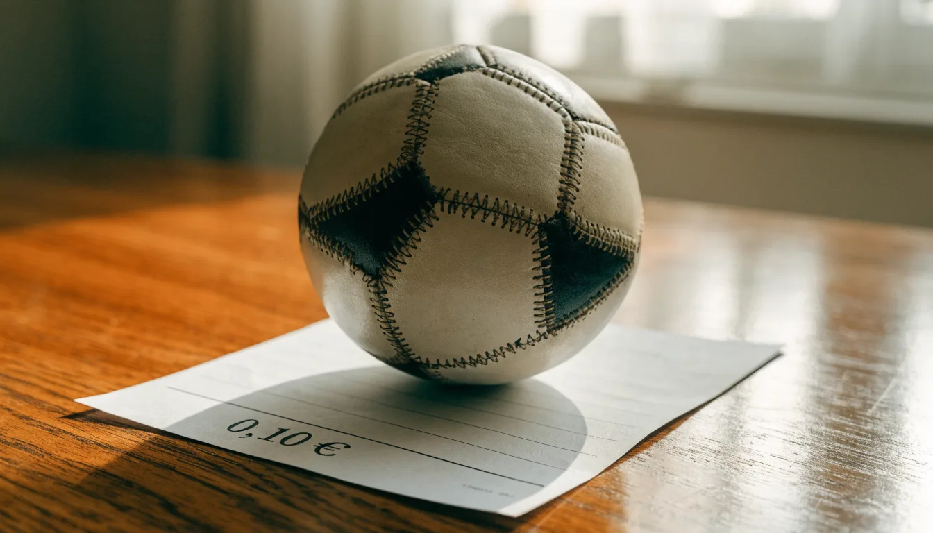 Uma bola de futebol pousada sobre um talão de apostas em branco numa mesa de madeira, à luz do dia