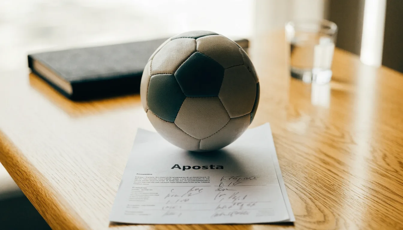 Uma bola de futebol pousada sobre um talão de apostas em branco numa mesa de madeira, à luz do dia