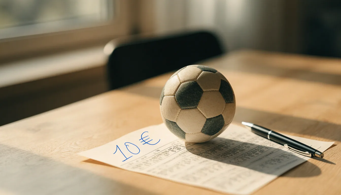 Uma bola de futebol pousada sobre um talão de apostas em branco numa mesa de madeira, à luz do dia