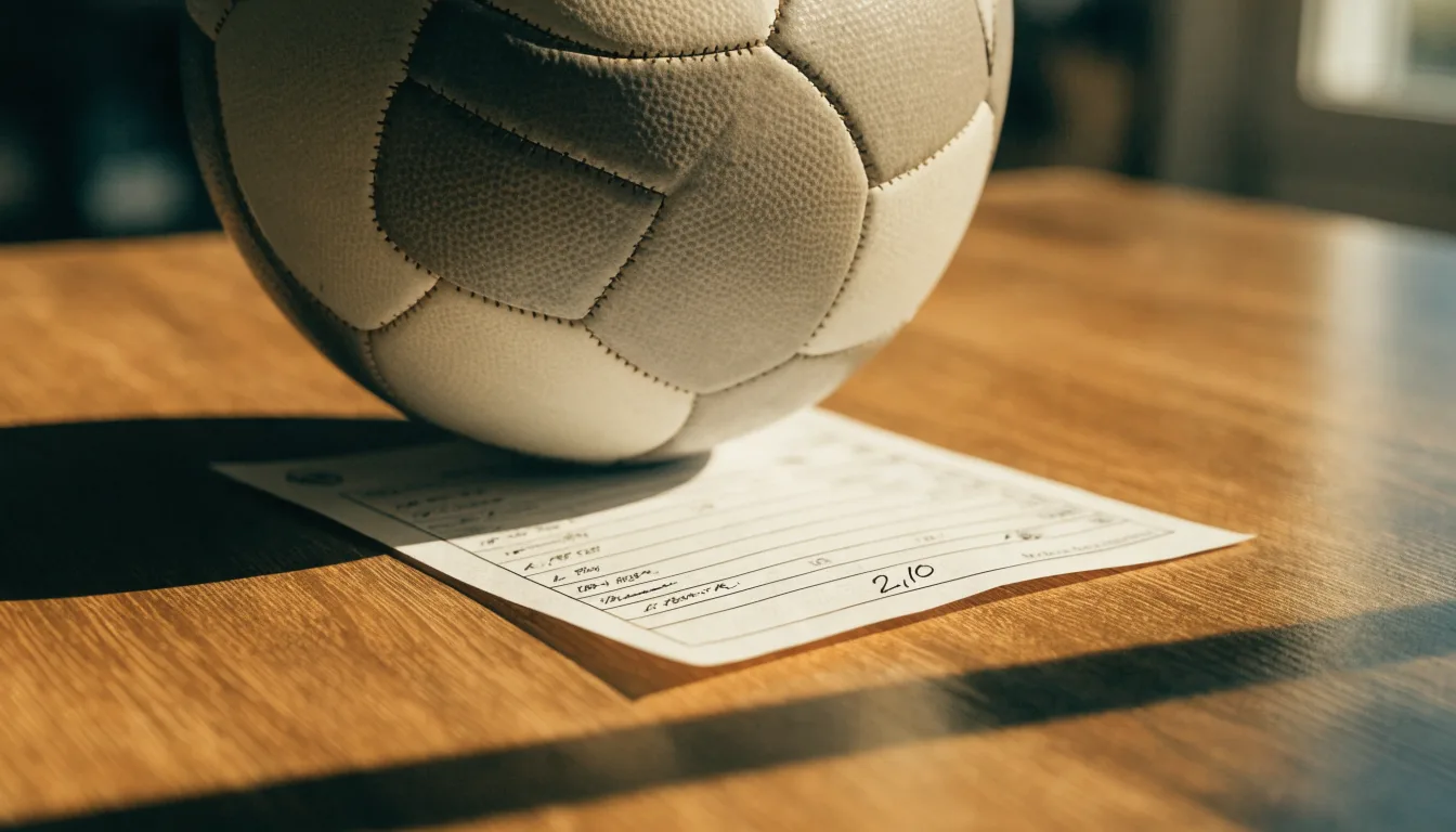 Uma bola de futebol pousada sobre um talão de apostas em branco numa mesa de madeira, à luz do dia