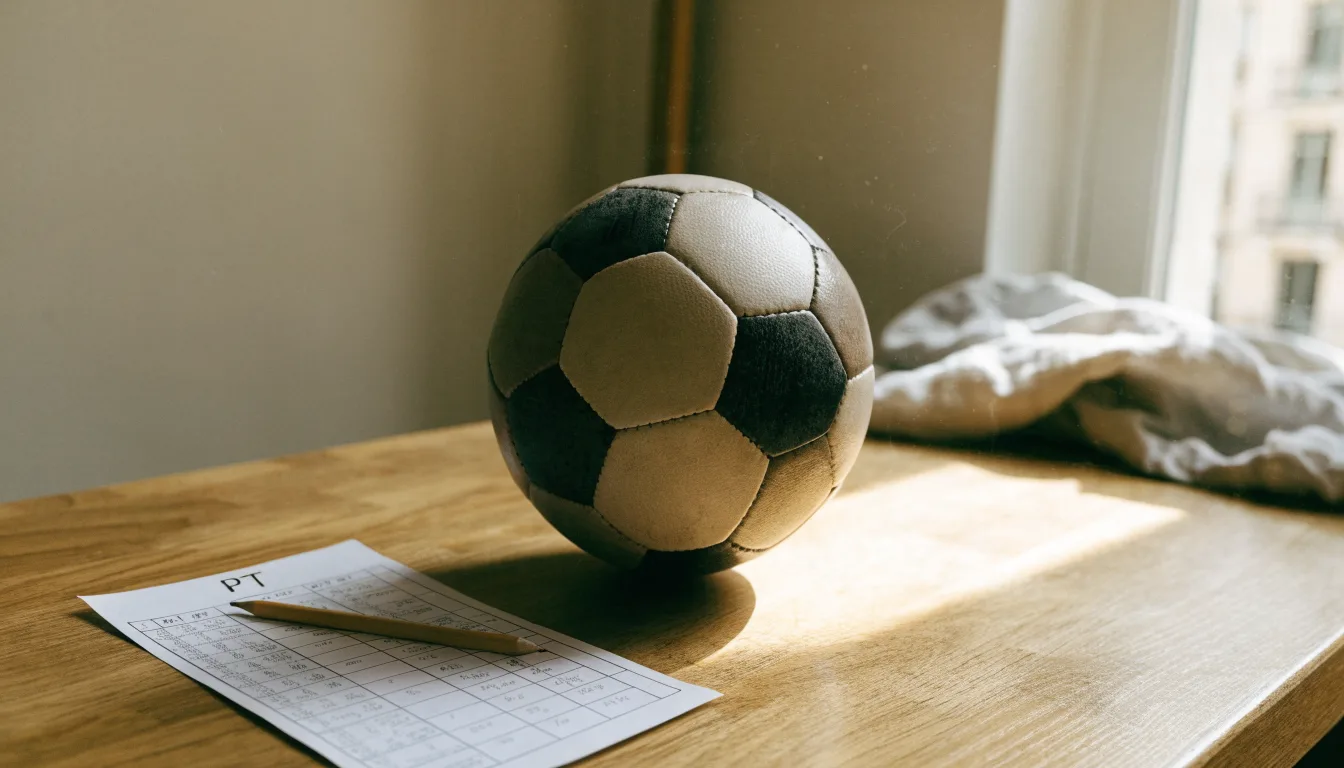 Uma bola de futebol pousada sobre um talão de apostas em branco numa mesa de madeira, à luz do dia