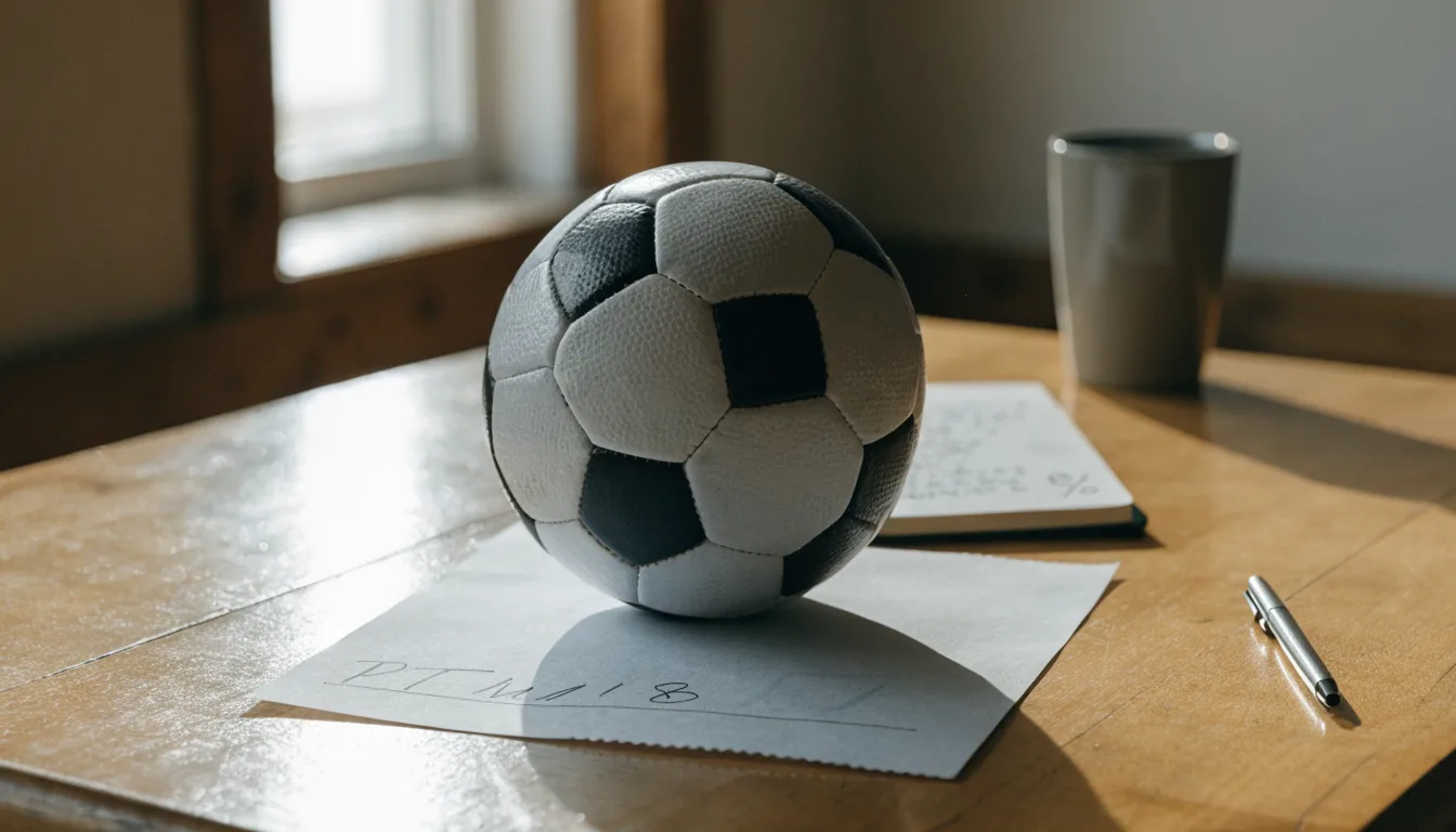 Uma bola de futebol pousada sobre um talão de apostas em branco numa mesa de madeira, à luz do dia