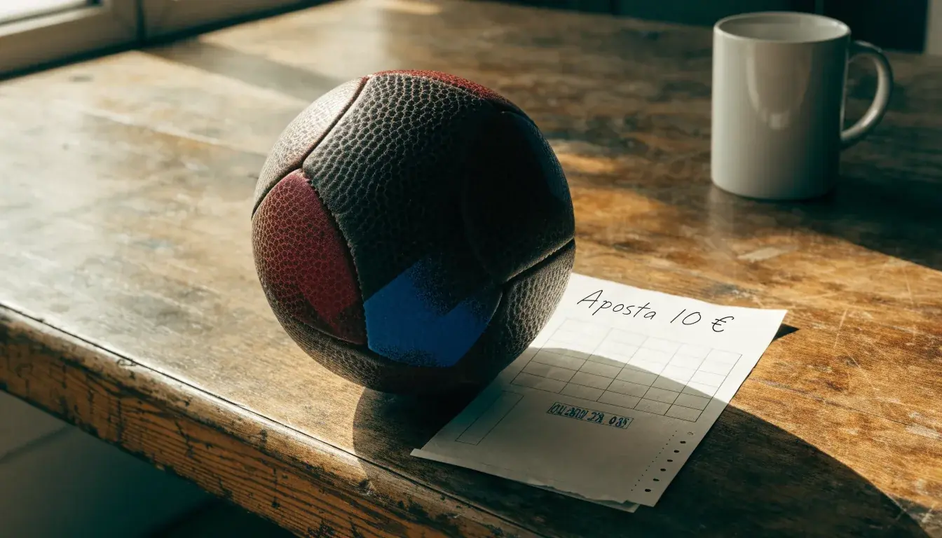 Uma bola de futebol pousada sobre um talão de apostas em branco numa mesa de madeira, à luz do dia