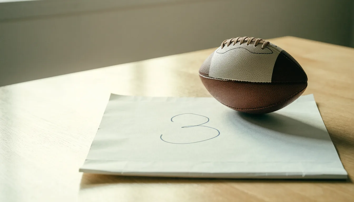 Uma bola de futebol pousada sobre um talão de apostas em branco numa mesa de madeira, à luz do dia